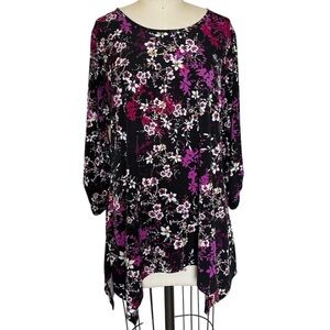 Ellen Weaver Floral Liquid Ruched Sleeve Tunic Top Black Purple Sharkbite Hem M